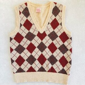 Vintage Evan Picone Wool Angora Argyle Burgundy Grey Tan Cream Sweater Vest